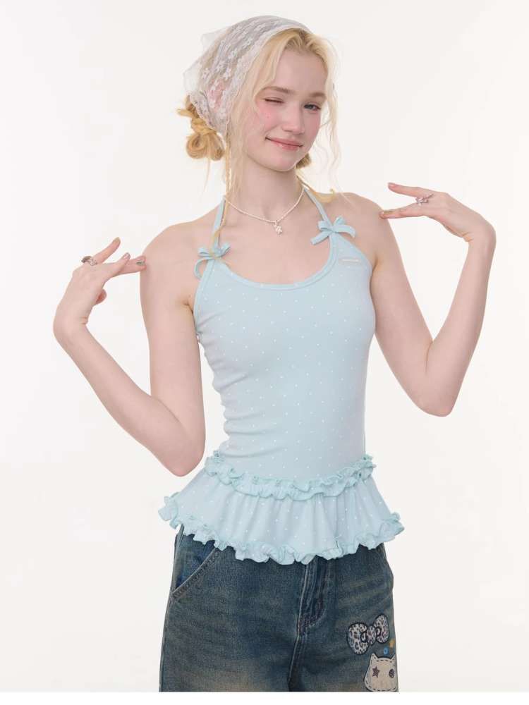Lace Bow Polka Dot Halter Vest【s0000015432】
