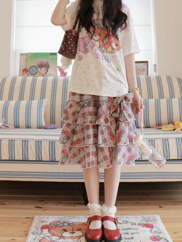 Strawberry Plaid Print Midi Skirt【s0000017504】