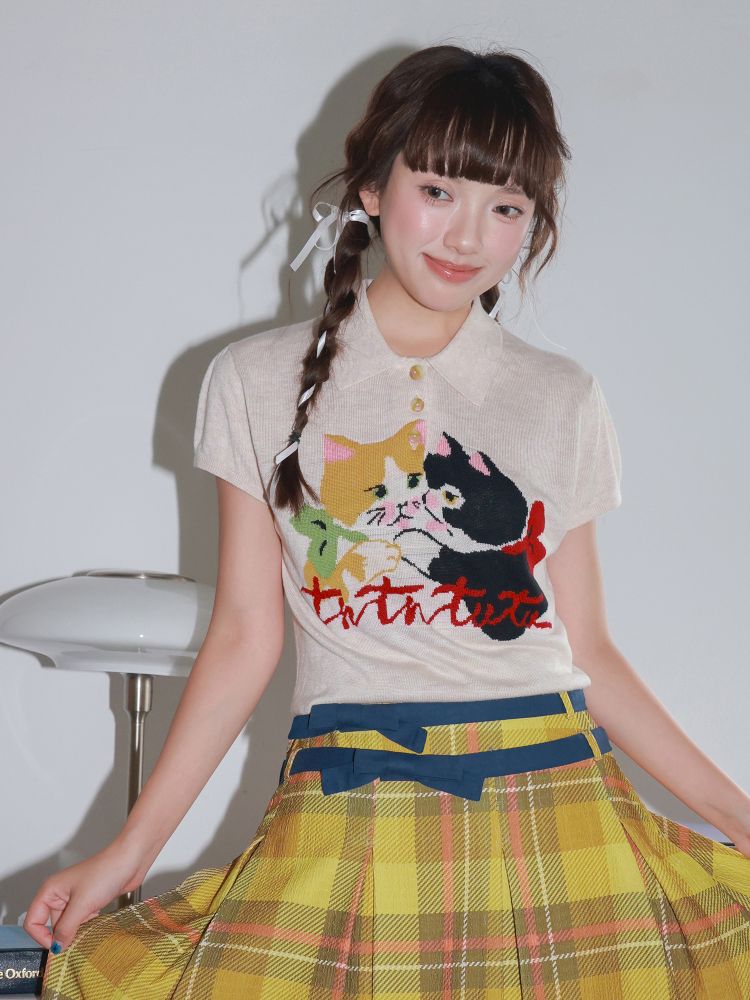 Two-Tone Kitten Knit Short-Sleeve Polo Shirt【s0000013925