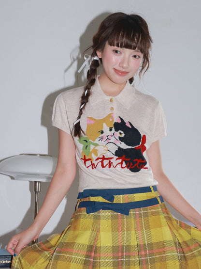 Two-Tone Kitten Knit Short-Sleeve Polo Shirt【s0000013925】