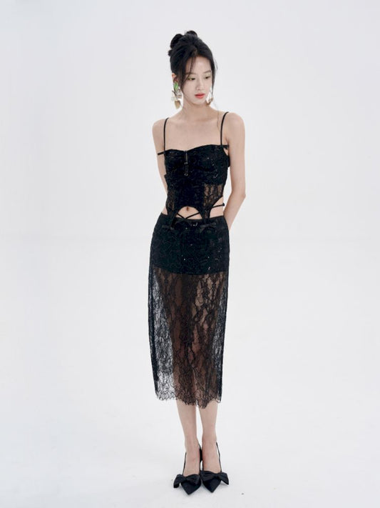 Black Lace Camisole + Low Waist Lace Half Skirt Set【s0000008780】