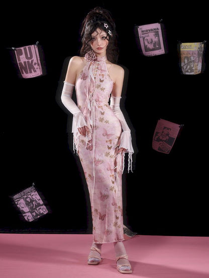 Butterfly Print Slit Tie Long Pink Cheongsam Dress [S0000009726]