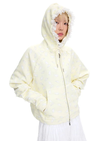 Wing Feather Print Lace-Trim Hoodie【s0000014096】