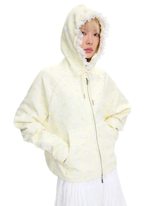 Wing Feather Print Lace-Trim Hoodie【s0000014096】