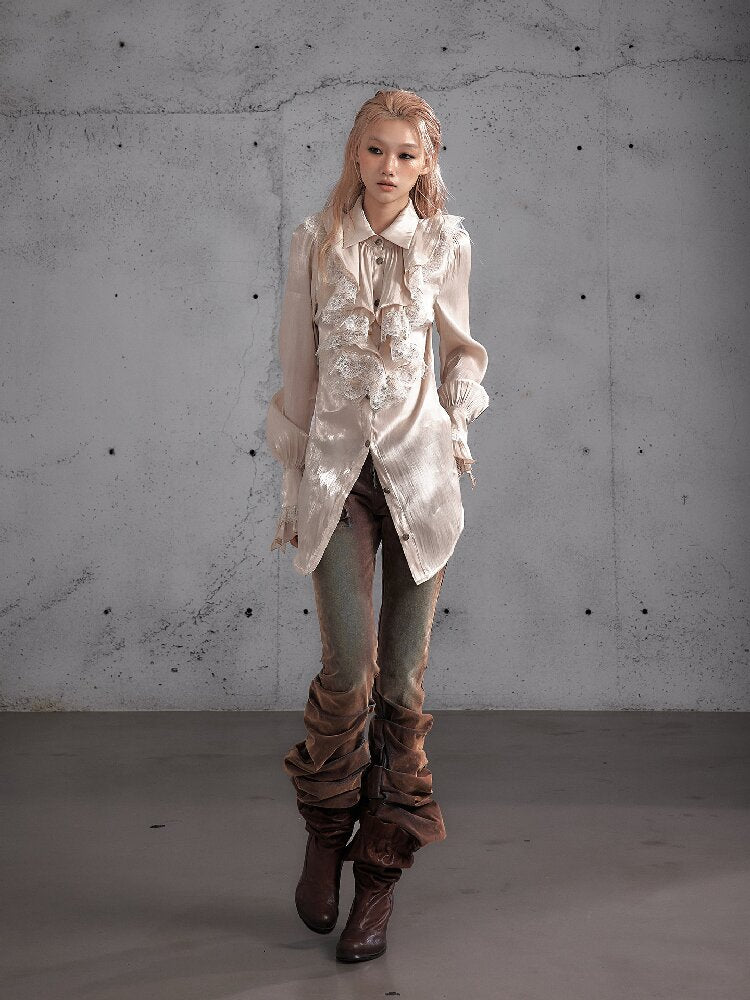 Ruffled Lace Satin Silk Shirt【s0000019157】