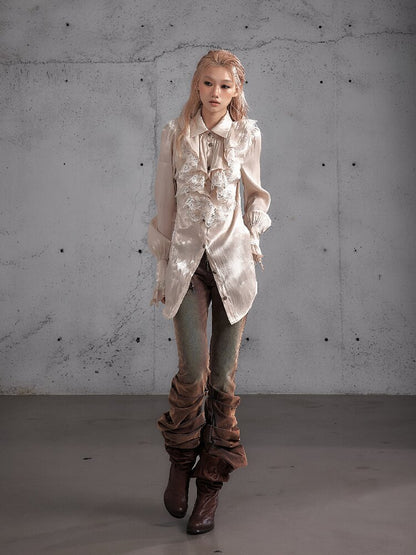 Ruffled Lace Satin Silk Shirt【s0000019157】