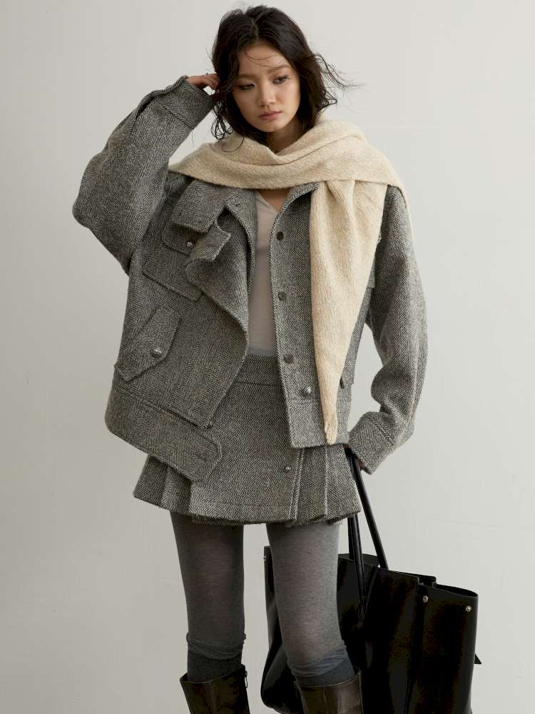 Herringbone Woolen Silhouette Jacket【s0000015193】