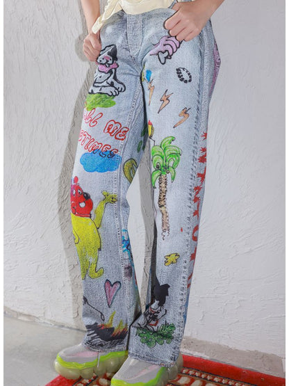 White Graffiti Denim Trousers【s0000013337】