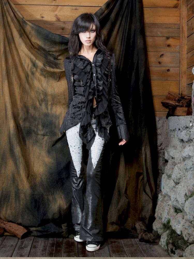 Patchwork Flared Denim Leather Pants【s0000013896】