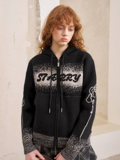 Hooded Black Knit Cardigan【s0000014387】