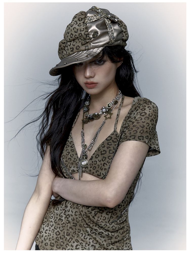 Punk Leopard Print Splicing Rivets Beret【s0000008999】