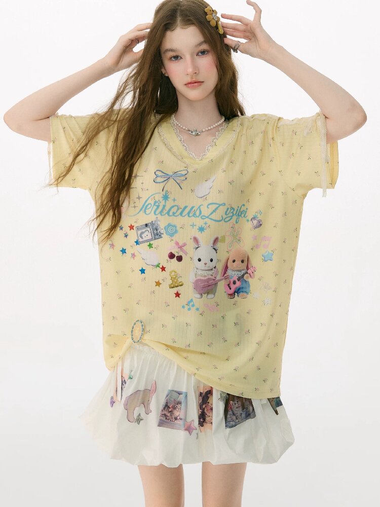Childlike Cartoon Lace Floral T Shirt【s0000017156】
