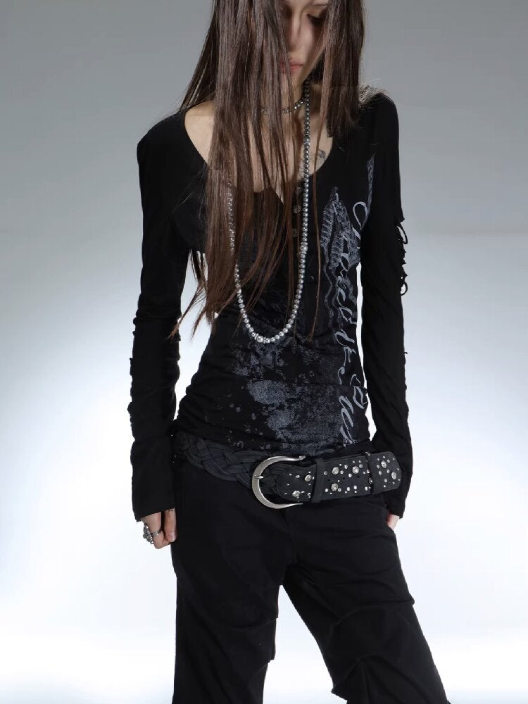 Long Sleeved Ripped Punk Print Tee【s0000015912】