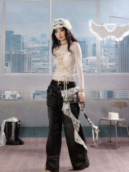 Plaid Ruffled Wide Leg Jeans【s0000016268】