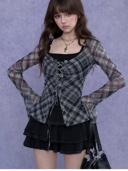 Gray Checkered Tie Wide Neckline Top【s0000017281】