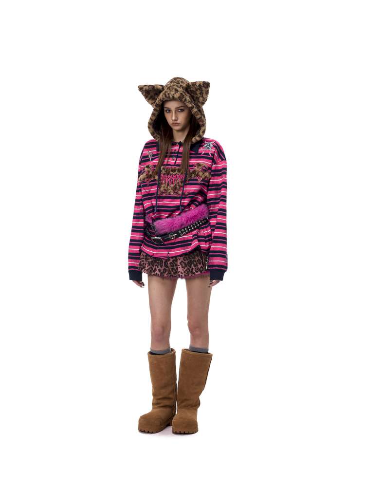 Pink Striped Leopard Cat Ear Hood【s0000015115】