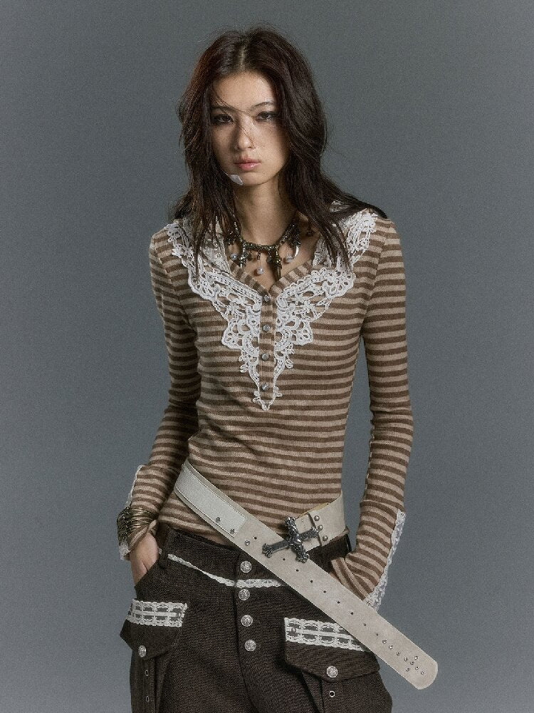 Lace Patchwork Striped Knit Top【s0000019240】