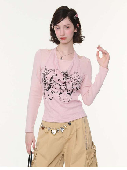 Rabbit Print Slim Halterneck Top【s0000015436】