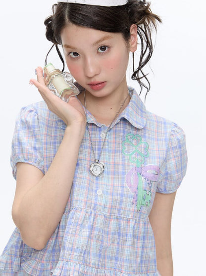 Purple Plaid Lace Short Sleeve Shirt【s0000016405】