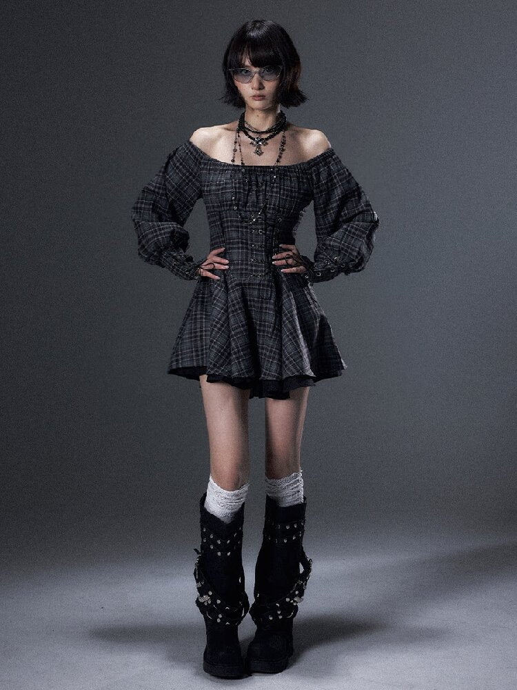 Vintage Plaid Off-Shoulder Dress【s0000018002】