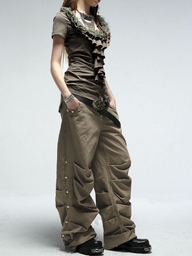 Pleated Studded Washed Cotton Trousers【s0000012211】