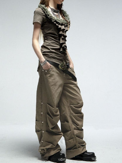 Pleated Studded Washed Cotton Trousers【s0000012211】