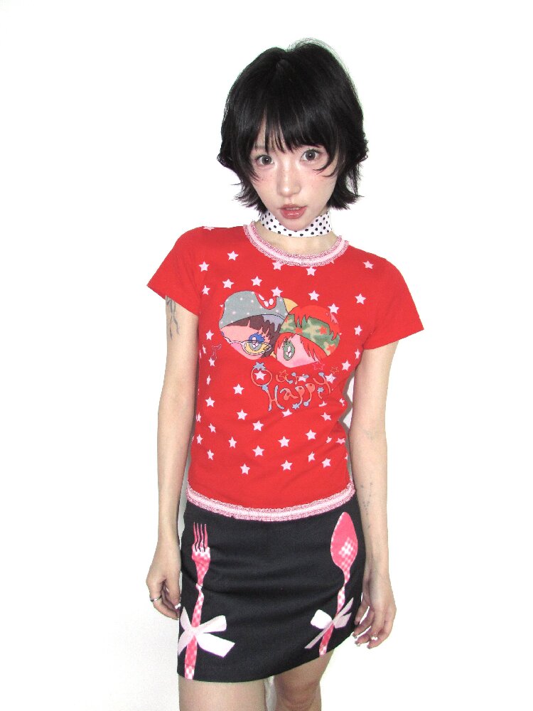 Lace Cotton Mini Print Short Top【s0000018656】