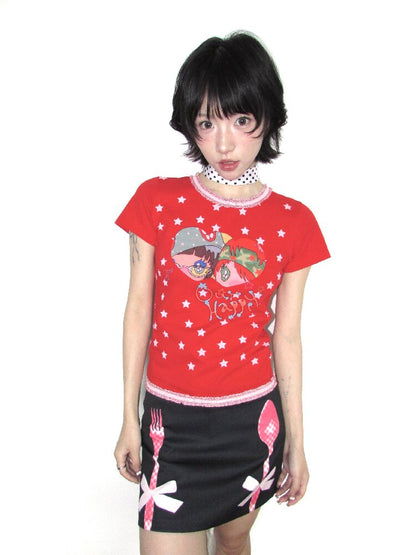 Lace Cotton Mini Print Short Top【s0000018656】