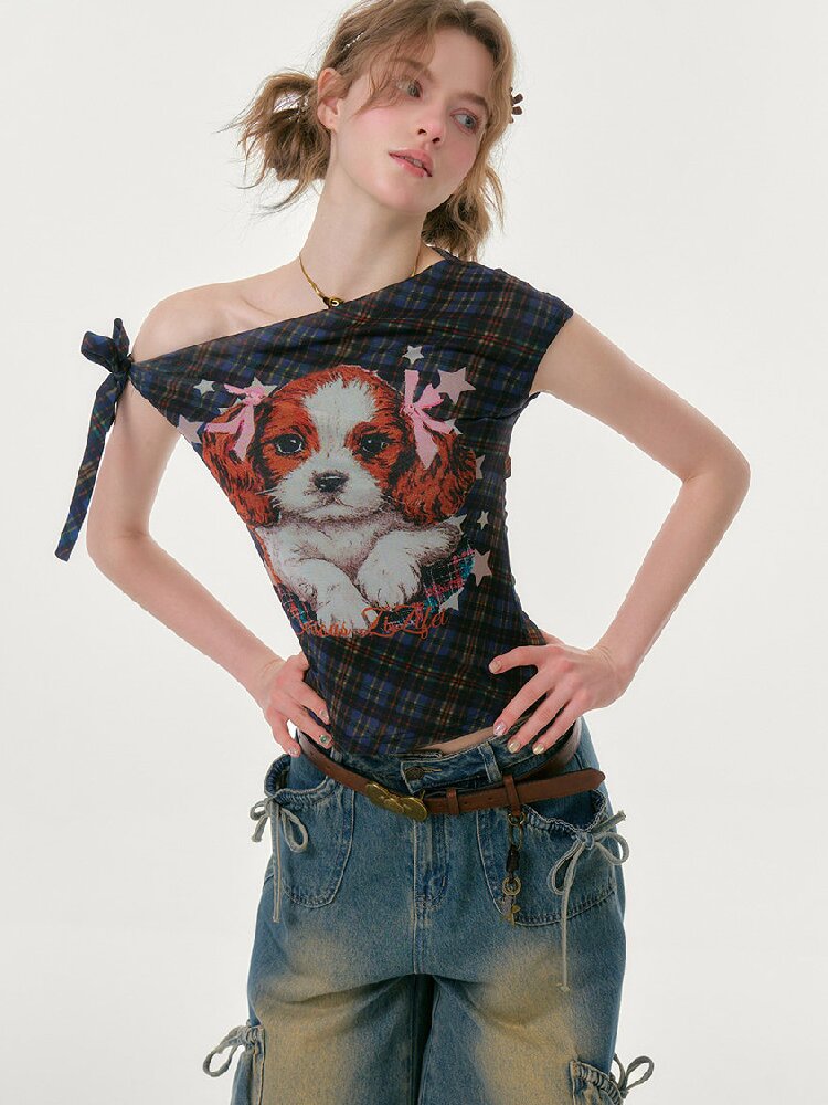 Plaid Print Off Shoulder T-Shirt【s0000016613】