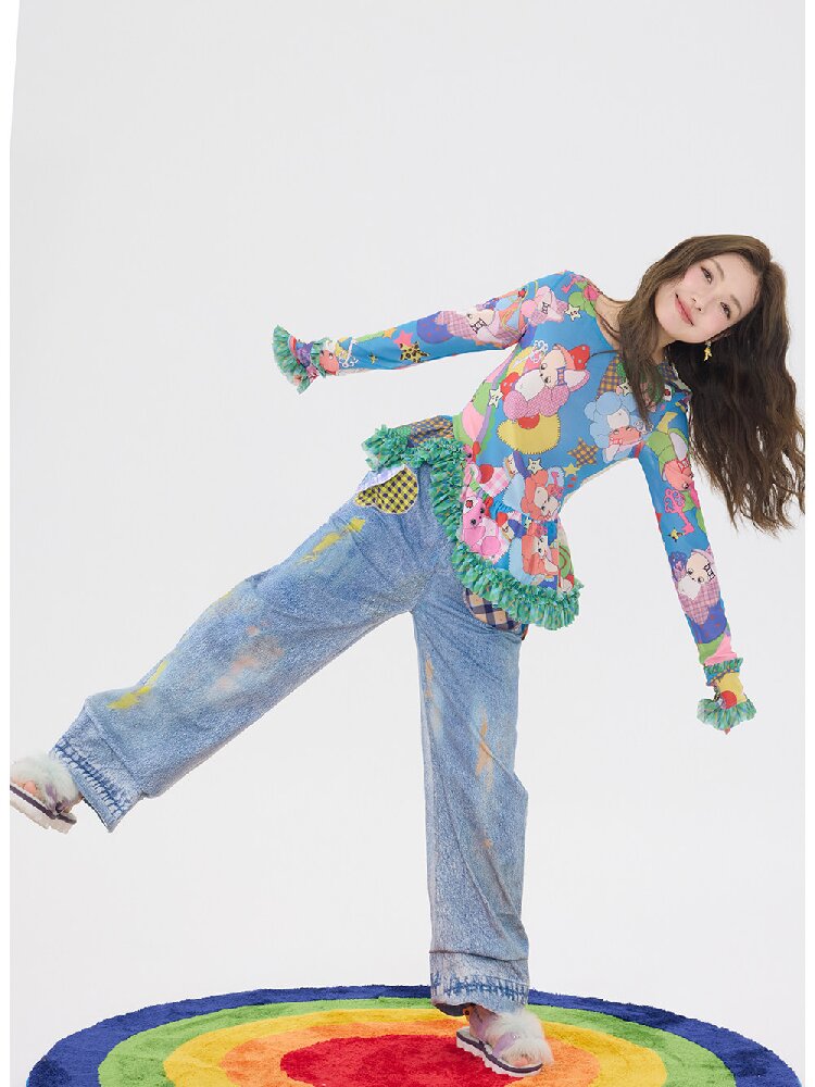 Two Color Cartoon Mesh Lace Top【s0000016197】