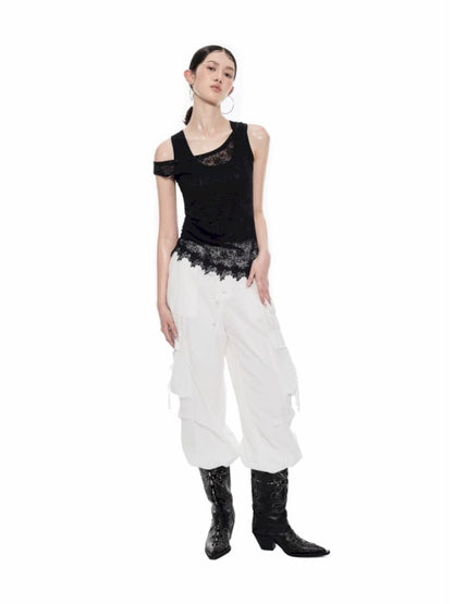 Slant Shoulder Asymmetric Lace See Through Overlay Vest【s0000009708】