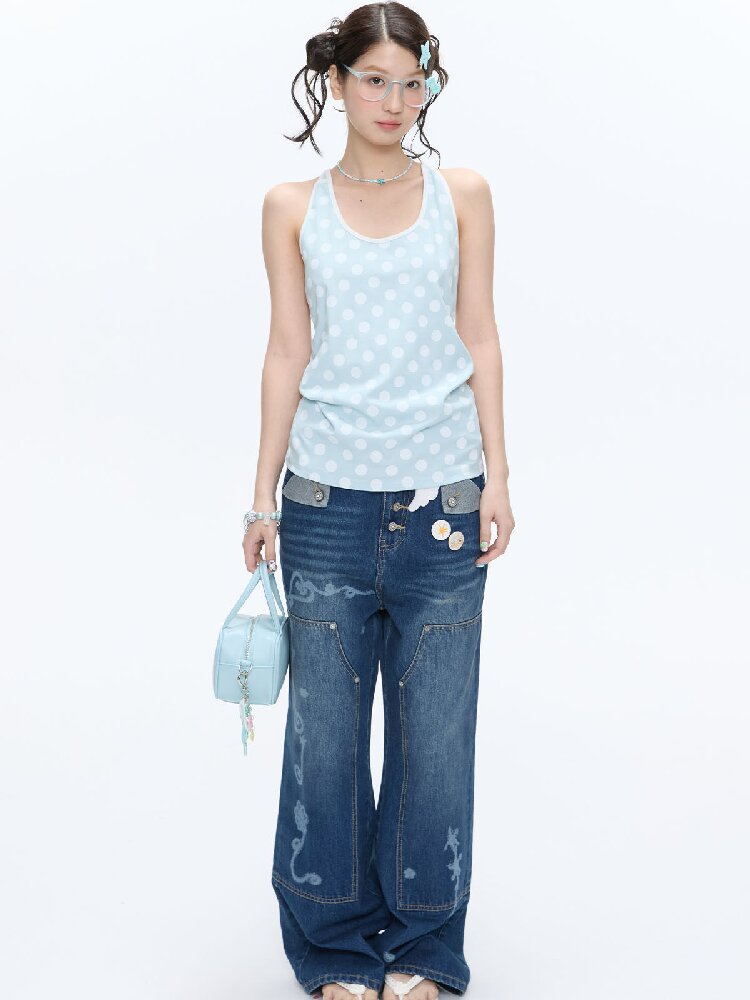 Mint Polka Dot Vest Two Piece Top【s0000016401】