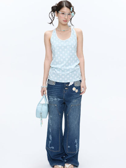 Mint Polka Dot Vest Two Piece Top【s0000016401】