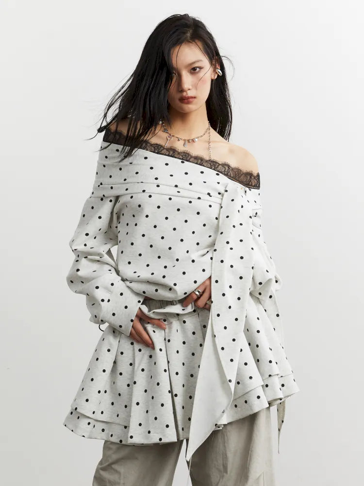 Lace-up off-the-shoulder polka dot sweatshirt【s0000014040】