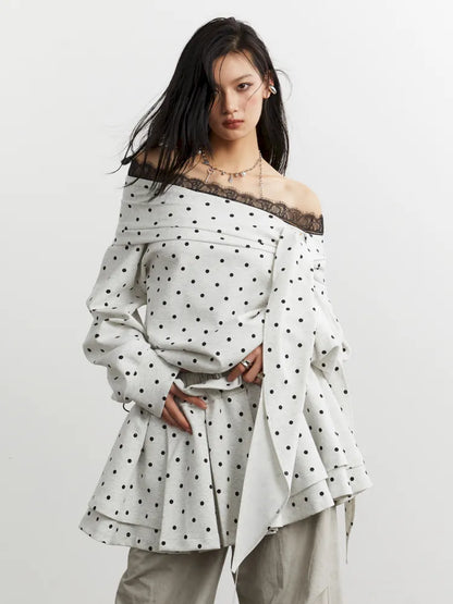 Lace-up off-the-shoulder polka dot sweatshirt【s0000014040】