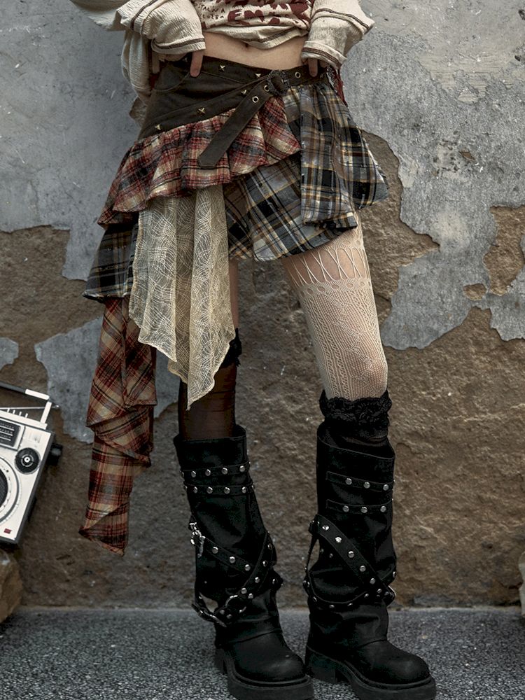 SpliceD Plaid IRREGULAR HALF-BODY SKIRT [S0000009755]