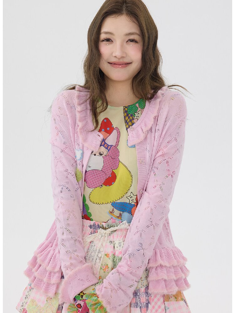 Pink Lace Bow Cut Out Knit Cardigan【s0000016196】