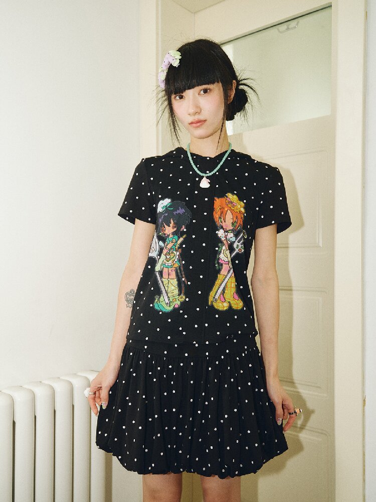 Polka Dot Hooded Short Sleeve Zip T-Shirt【s0000018695】