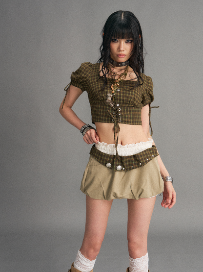 Vintage Lace Plaid Bud Skirt Pants【s0000017529】