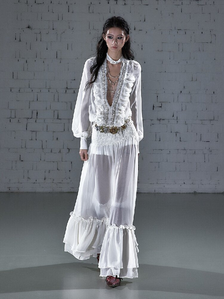 Shirring Deep V Chiffon Dress【s0000015932】