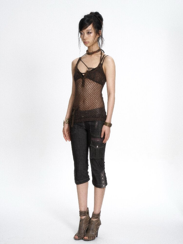 Dark Brown Sequin Mesh Halter Tank【s0000017649】