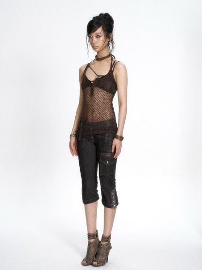 Dark Brown Sequin Mesh Halter Tank【s0000017649】