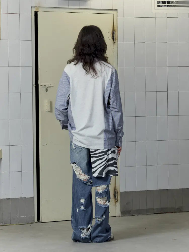 Patchwork Blue Striped Sleeve Shirt【s0000014199】