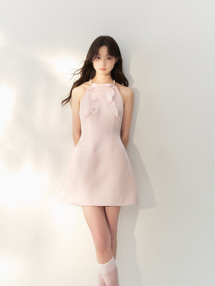 Glossy Satin Ruffled Halter Dress【s0000016873】