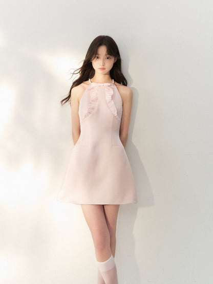 Glossy Satin Ruffled Halter Dress【s0000016873】