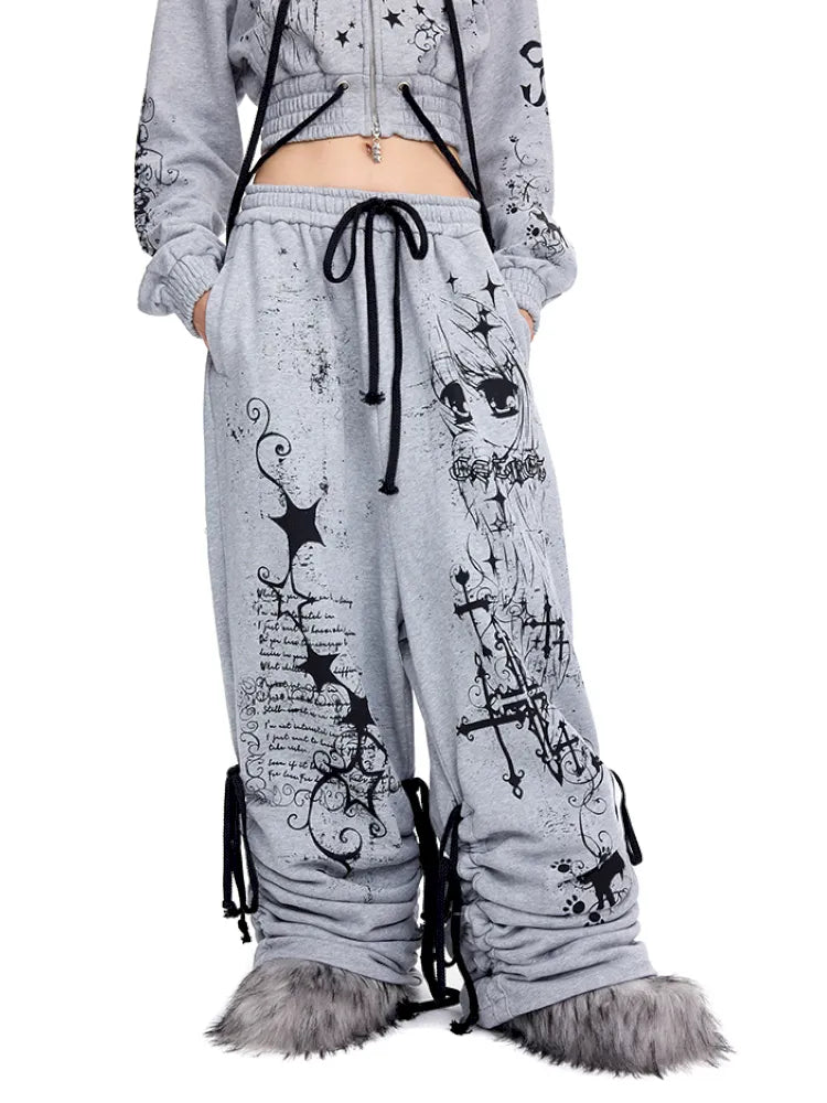 Doodle Print Puffy Drawstring Sweatpants【s0000014092】