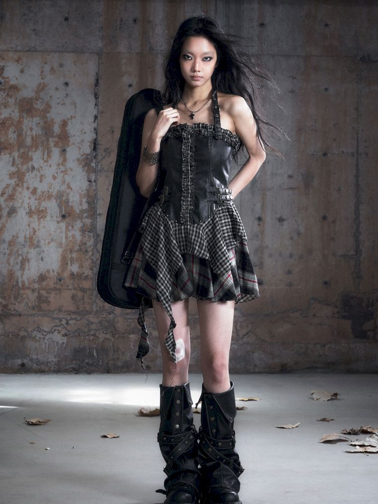 Patchwork Lattice Waisted Dress【s0000013889】