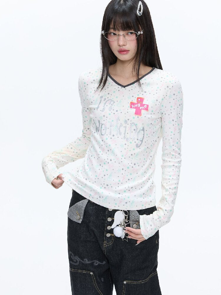 Full Print V Neck Long Sleeve Top【s0000016406】