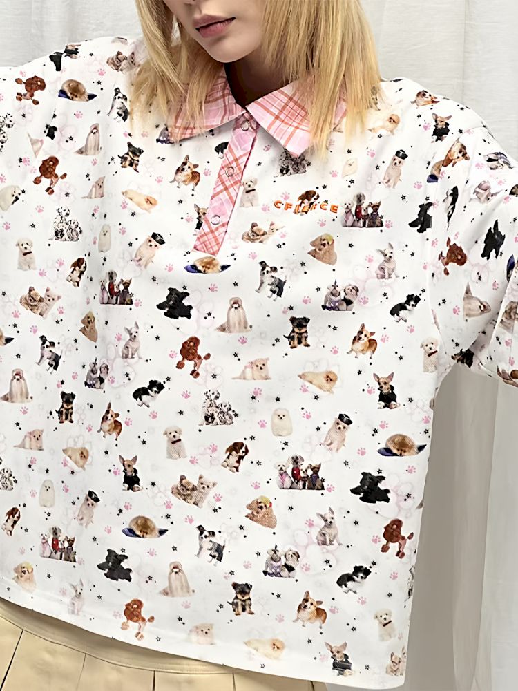 Dog Print Oversize Polo Shirt【s0000013873】