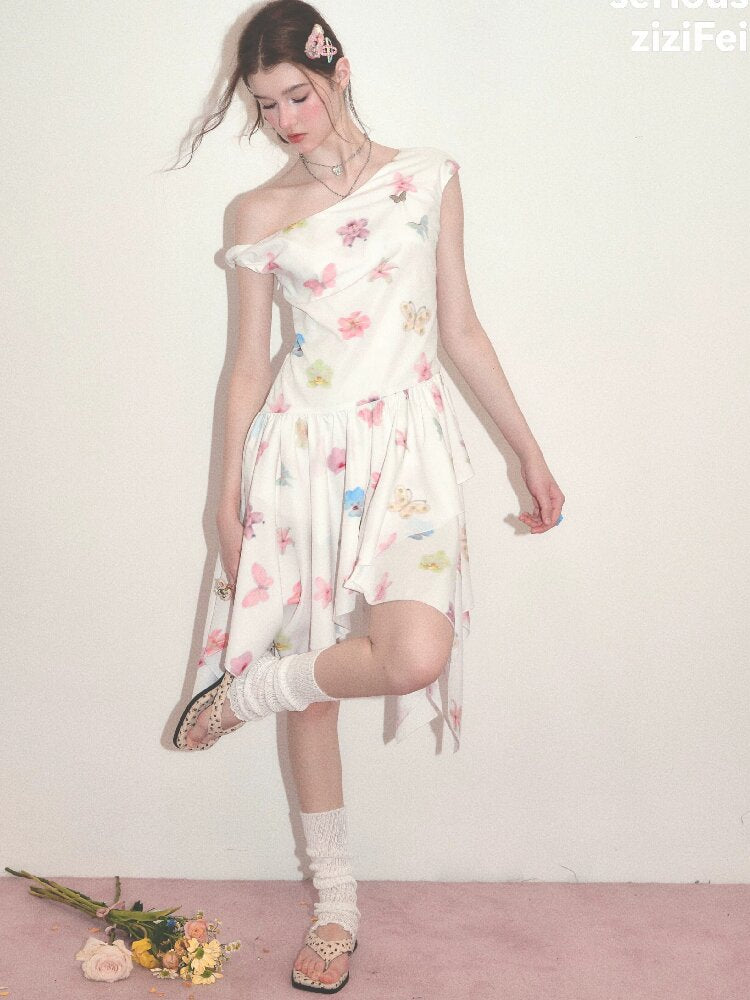 Butterfly Floral Off-Shoulder Dress【s0000017678】